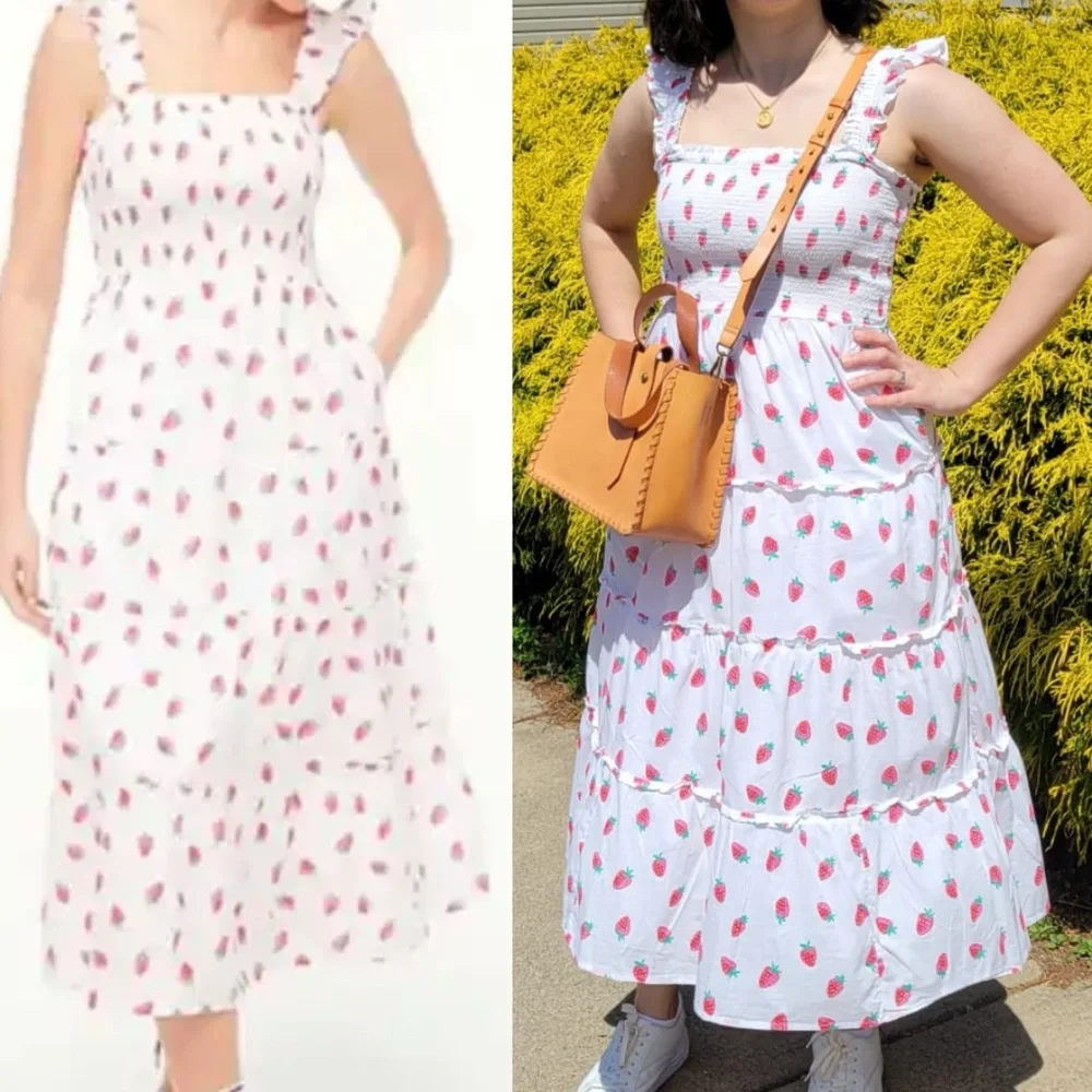 J. Crew Strawberry Smocked Tiered Midi Dress Cotton White Red Pink Size XS